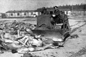 Moving the diseased into mass graves at Bergen-Belsen 